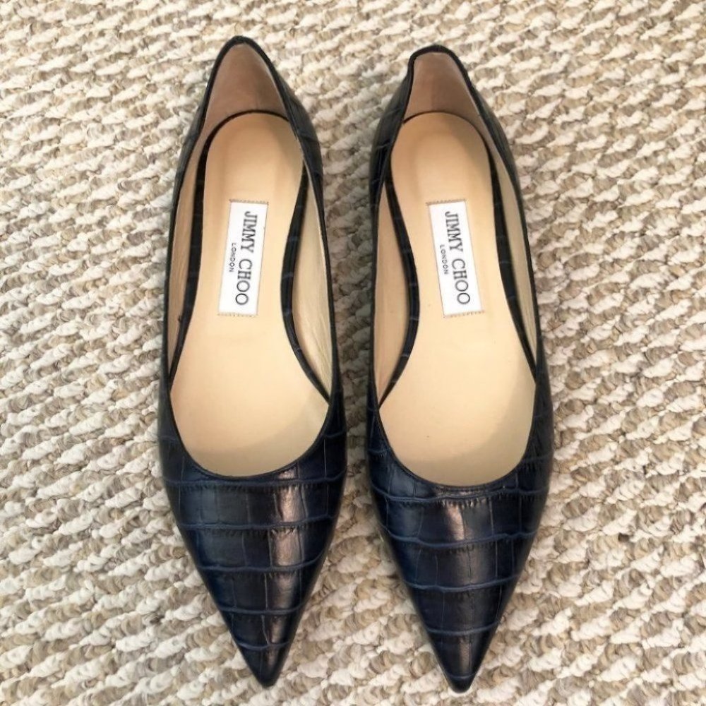 Jimmy Choo Love Croc Embossed Navy Leather Flats